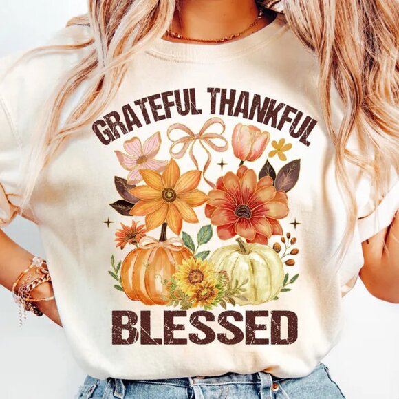 Tops - Grateful Thankful Blessed Shirt, Floral Fall Pumpkin Tee, Thanksgiving Shirt